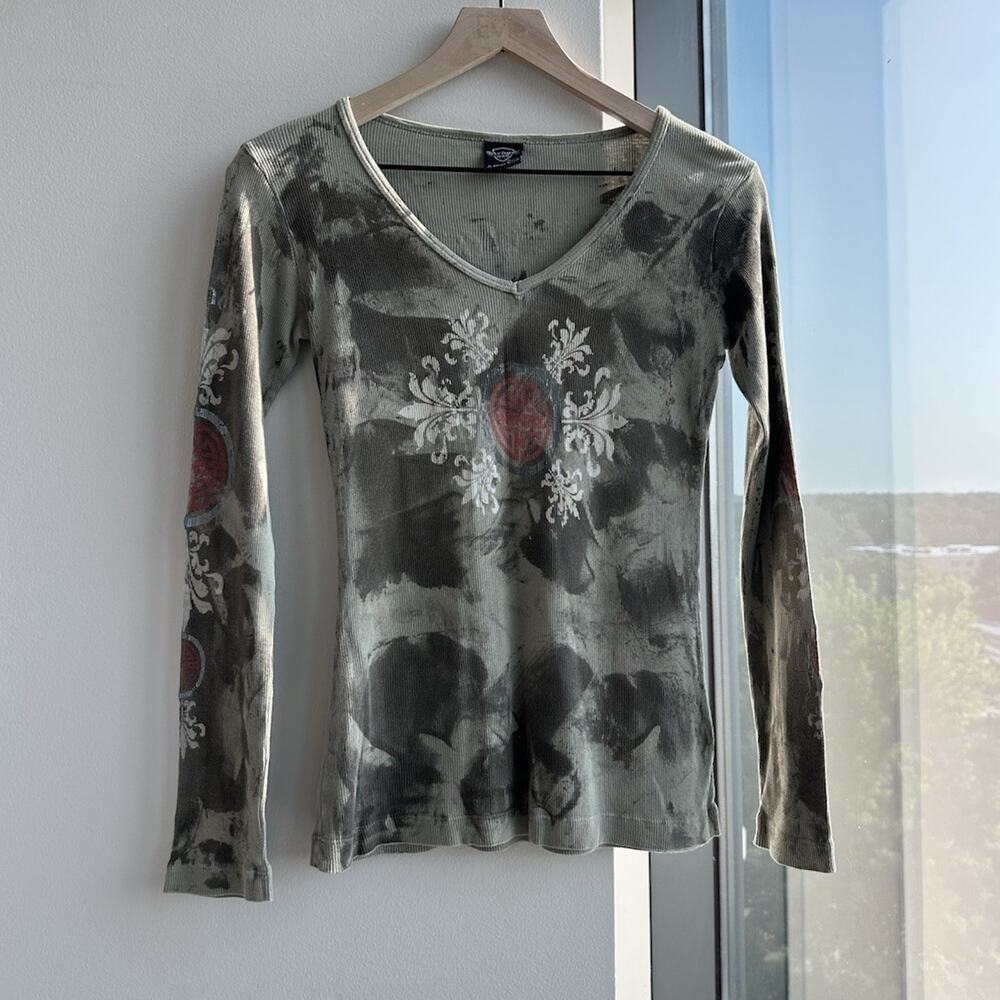 Sledge USA Y2K style Beige Brown Tie-Dye Knit V-Neck Pullover Top Long Sleeve S